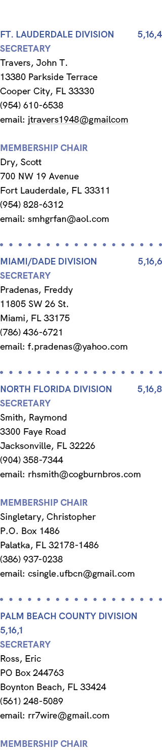ft. Lauderdale division 5,16,4 Secretary Travers, John T. 13380 Parkside Terrace Cooper City, FL 33330 (954) 610 6538...