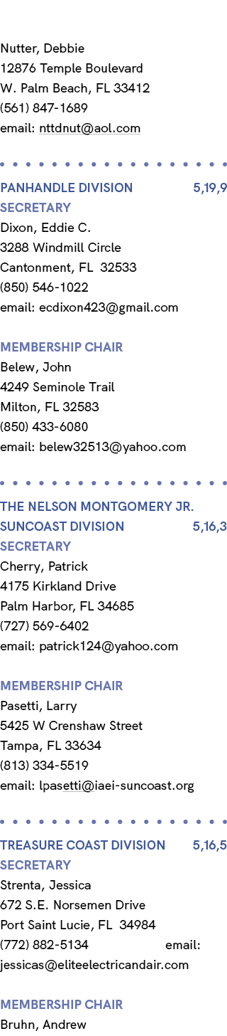 Nutter, Debbie 12876 Temple Boulevard W. Palm Beach, FL 33412 (561) 847 1689 email: nttdnut@aol.com PANHANDLE Divisio...