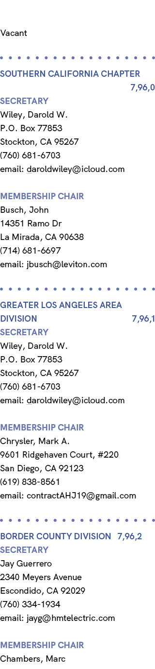 Vacant SOUTHERN CALIFORNIA Chapter 7,96,0 Secretary Wiley, Darold W. P.O. Box 77853 Stockton, CA 95267 (760) 681 6703...