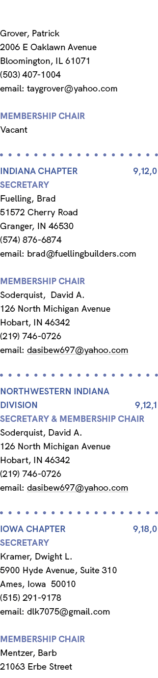 Grover, Patrick 2006 E Oaklawn Avenue Bloomington, IL 61071 (503) 407 1004 email: taygrover@yahoo.com membership chai...