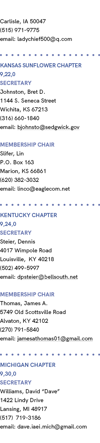 Carlisle, IA 50047 (515) 971 9775 email: ladychief500@q.com KANSAS SUNFLOWER Chapter 9,22,0 Secretary Johnston, Bret ...