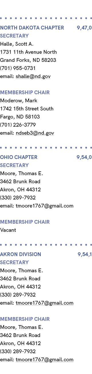  NORTH DAKOTA Chapter 9,47,0 Secretary Halle, Scott A. 1731 11th Avenue North Grand Forks, ND 58203 (701) 955 0731 em...