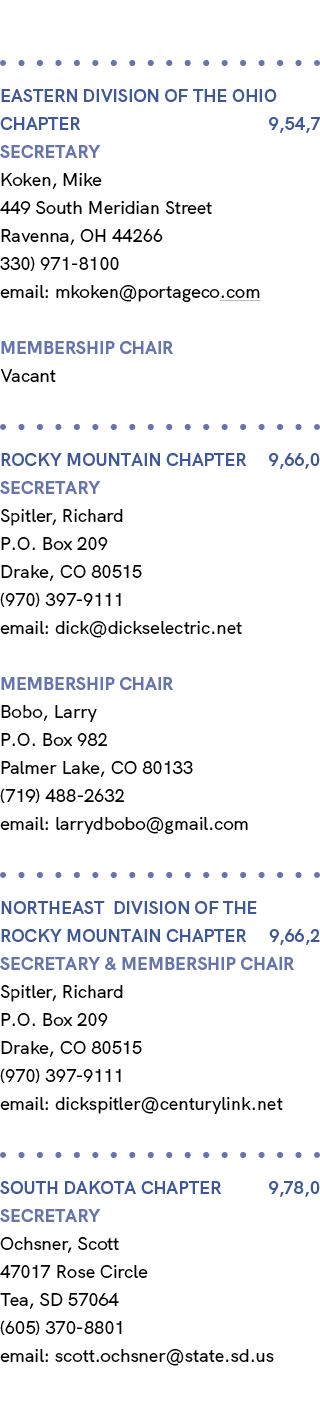  EASTERN Division OF THE OHIO Chapter 9,54,7 Secretary Koken, Mike 449 South Meridian Street Ravenna, OH 44266 330) 9...