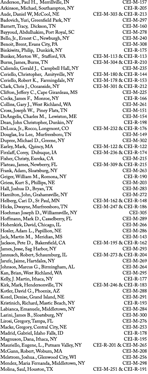 Anderson, Paul H., Merrillville, IN CEI M 157 Arkinson, Michael, Southampton, NY CEI R 205 Aude, Daniel W, McCool, NE...