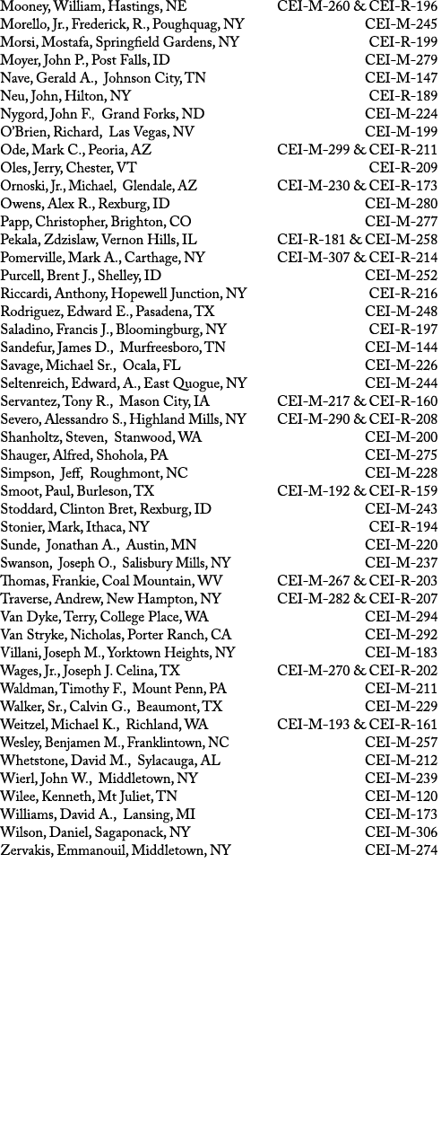 Mooney, William, Hastings, NE CEI M 260 & CEI R 196 Morello, Jr., Frederick, R., Poughquag, NY CEI M 245 Morsi, Mosta...