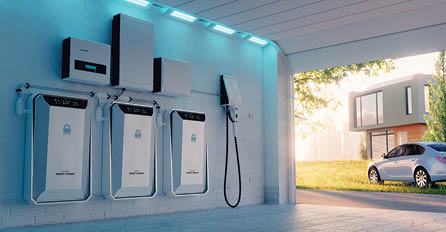 Concept of a home battery energy storage located in a garage with a sunny background with lawn car, family house and big city. 3d rendering.