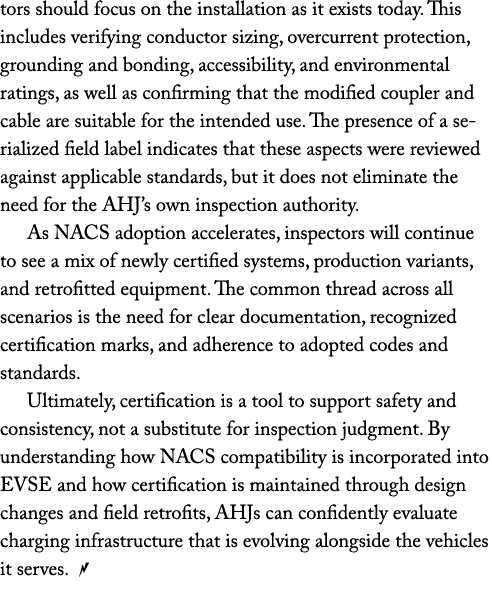 tors should focus on the installation as it exists today. This includes verifying conductor sizing, overcurrent prote...