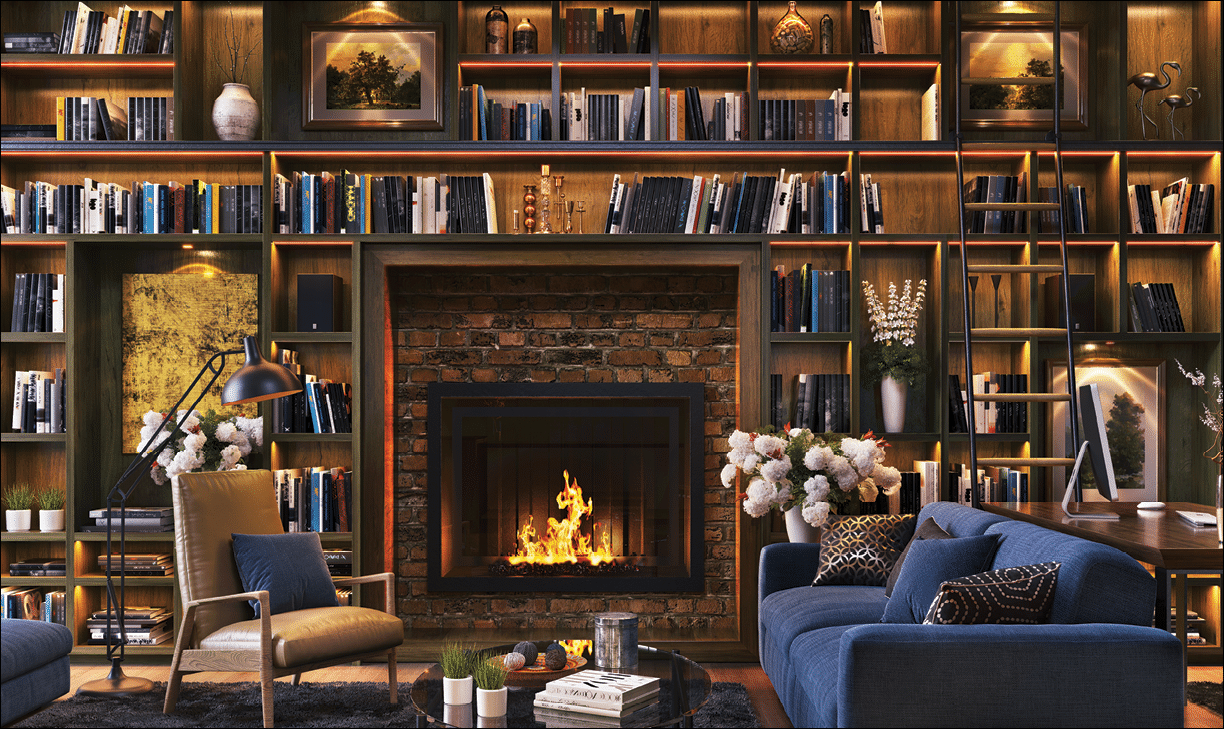 Beautiful living room with fireplace and large library