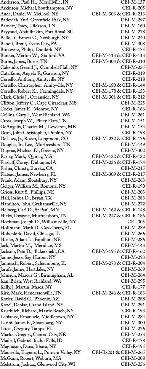 Anderson, Paul H., Merrillville, IN CEI M 157 Arkinson, Michael, Southampton, NY CEI R 205 Aude, Daniel W, McCool, NE...