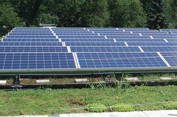 A rooftop garden with solar panels on it. AI generated content