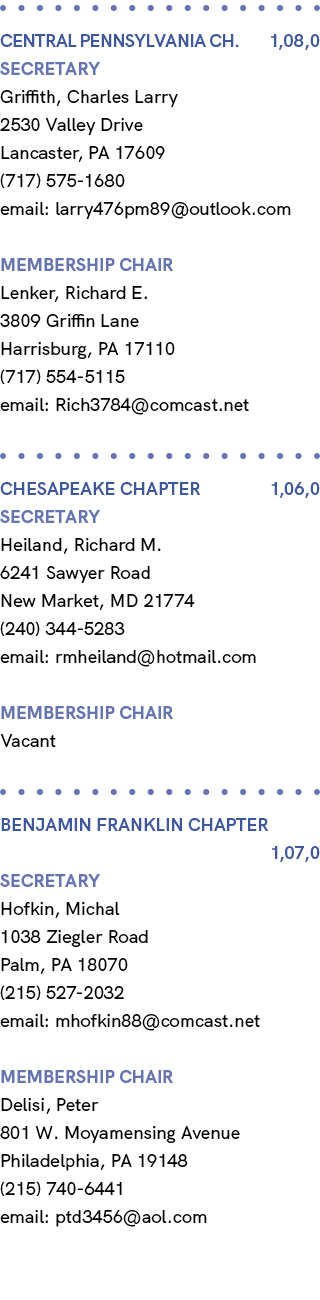 Central Pennsylvania Ch. 1,08,0 Secretary Griffith, Charles Larry 2530 Valley Drive Lancaster, PA 17609 (717) 575 168...