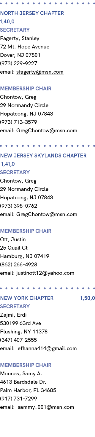  NORTH JERSEY CHAPTER 1,40,0 Secretary Fagerty, Stanley 72 Mt. Hope Avenue Dover, NJ 07801 (973) 229 9227 email: sfag...