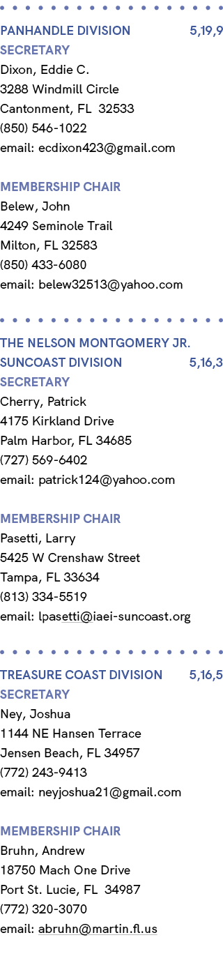  PANHANDLE Division 5,19,9 Secretary Dixon, Eddie C. 3288 Windmill Circle Cantonment, FL 32533 (850) 546 1022 email: ...