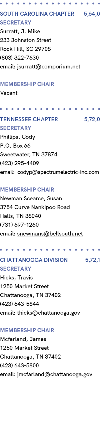  SOUTH CAROLINA Chapter 5,64,0 Secretary Surratt, J. Mike 233 Johnston Street Rock Hill, SC 29708 (803) 322 7630 emai...