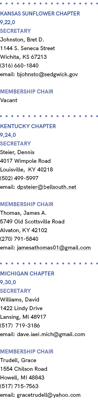 KANSAS SUNFLOWER Chapter 9,22,0 Secretary Johnston, Bret D. 1144 S. Seneca Street Wichita, KS 67213 (316) 660 1840 e...