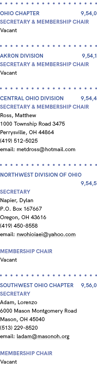  OHIO Chapter 9,54,0 Secretary & MEMBERSHIP CHAIR Vacant AKRON Division 9,54,1 Secretary & MEMBERSHIP CHAIR Vacant CE...